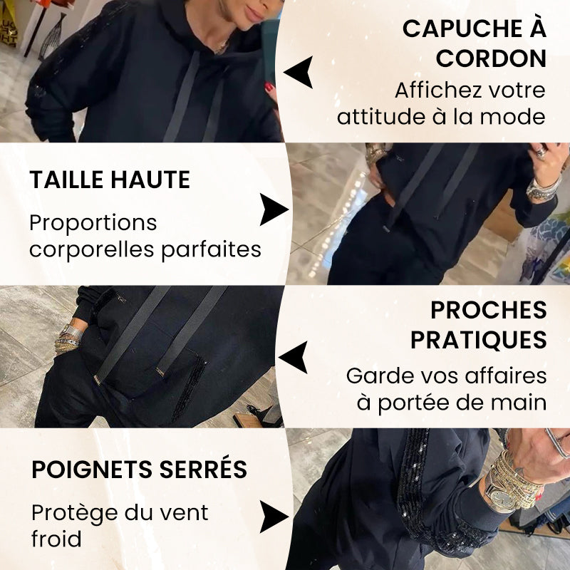 Ensemble 2 pièces de hauts à capuche avec cordon de serrage pour femmes ＆ pantalons